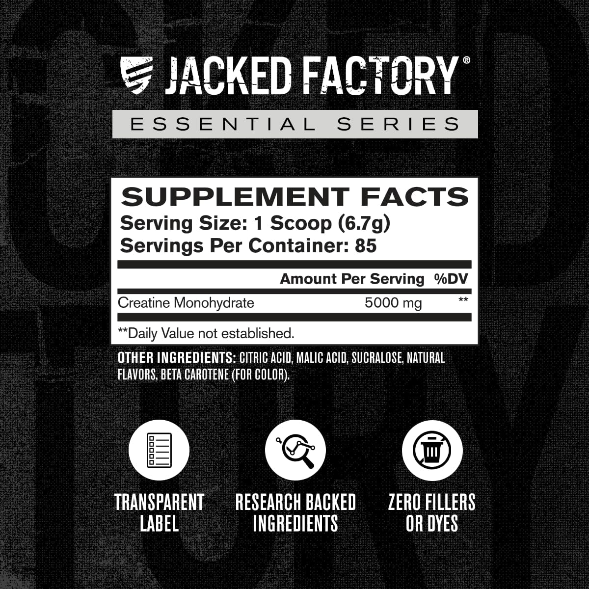 Jacked Factory Creatine Monohydrate Powder 425g - 5g Daily Creatine Supplement for Men and Women, Vegan-Friendly, Third-Party Tested - 85 Servings, Peach Mango