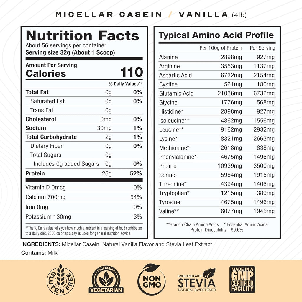 Muscle Feast Grass Fed Micellar Casein Protein Powder, Pasture Raised & Hormone Free, Slow Digesting Casein Protein - Supports Overnight Muscle Recovery, Gluten Free Protein Powder - Vanilla, 4lb