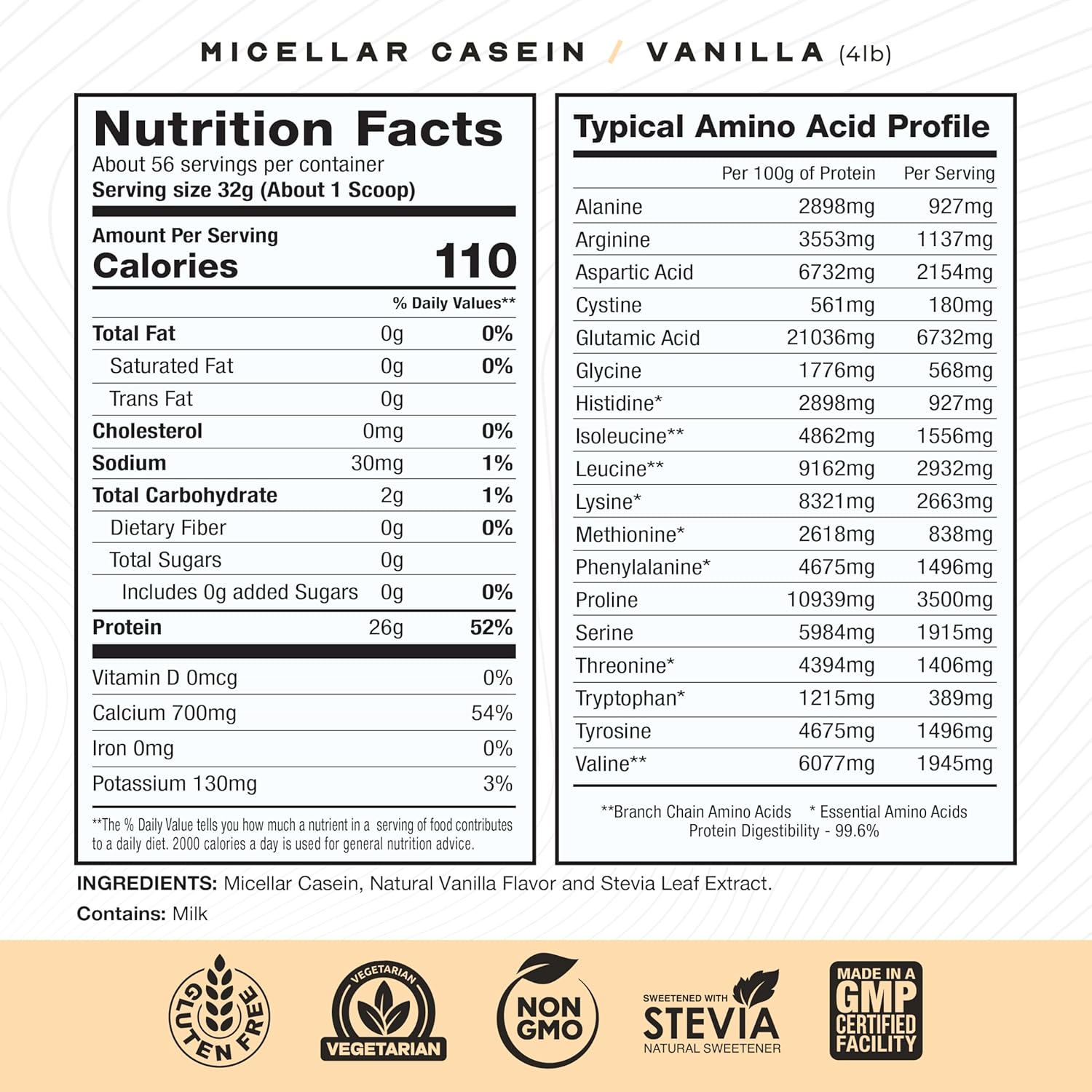 Muscle Feast Grass Fed Micellar Casein Protein Powder, Pasture Raised & Hormone Free, Slow Digesting Casein Protein - Supports Overnight Muscle Recovery, Gluten Free Protein Powder - Vanilla, 4lb
