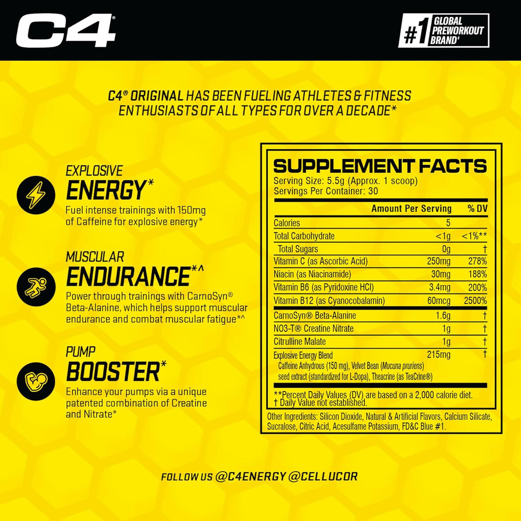 Cellucor C4 Original Pre Workout Powder Frozen Bombsicle Sugar Free Preworkout Energy for Men & Women 150mg Caffeine + Beta Alanine + Creatine - 30 Servings (Packaging May Vary)