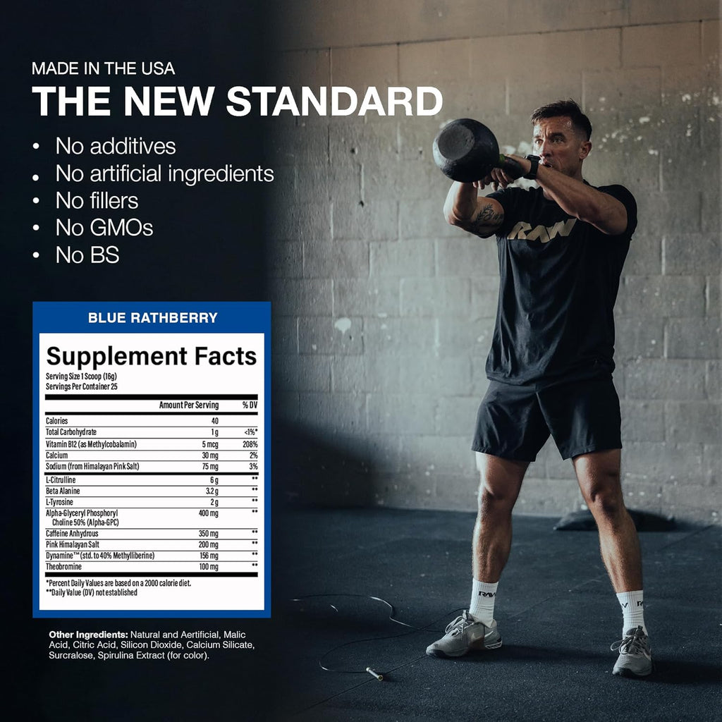 RAW Pre-Workout Powder, Essential CHARGED (Blue Rathberry) - Preworkout Supplement for Men & Women - Supports Focus, Mood, & Performance - Caffeine, Alpha-GPC, L-Citrulline, Beta Alanine (25 Servings)