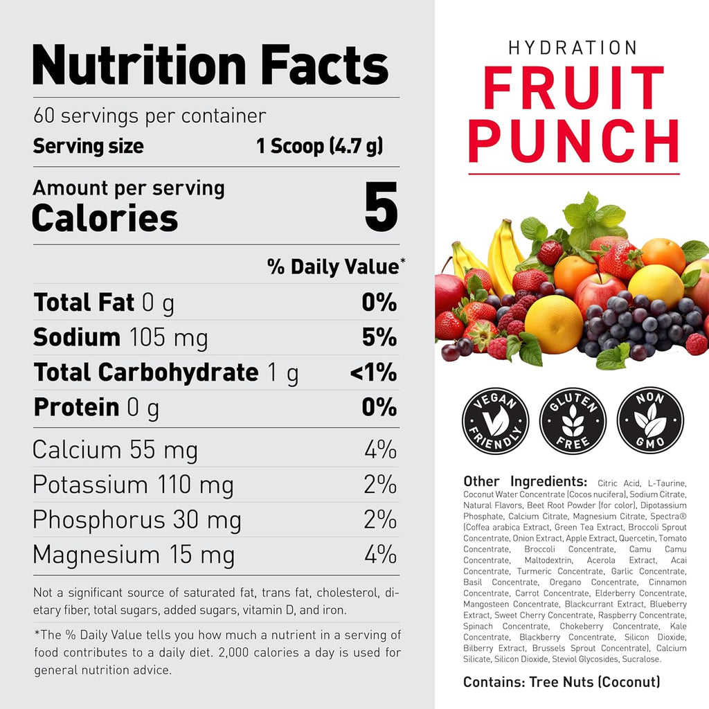 Kaged Hydration Electrolytes Powder | Fruit Punch | Hydra-Charge Sports Drink Mix | Pre, Post, Intra Workout | Low Carb, Vegan, Gluten Free | Supplements for Men & Women | 60 Servings