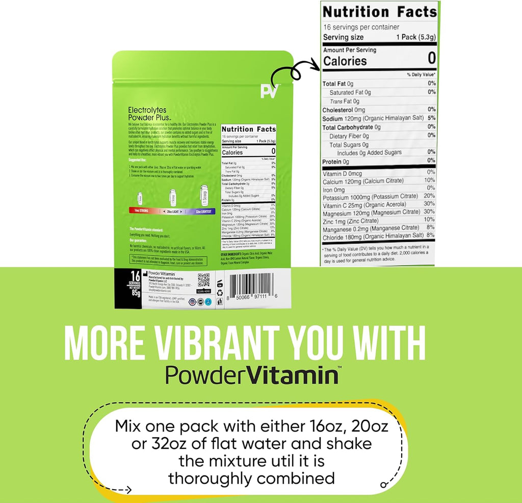PowderVitamin Electrolytes Powder Plus, Keto, Lemonade, Sugar Free, Pink Himalayan Salt, 1000mg Potassium, 120mg Calcium, 120mg Magnesium, Non-GMO, Zero Calories, (16 Hydration Packets)