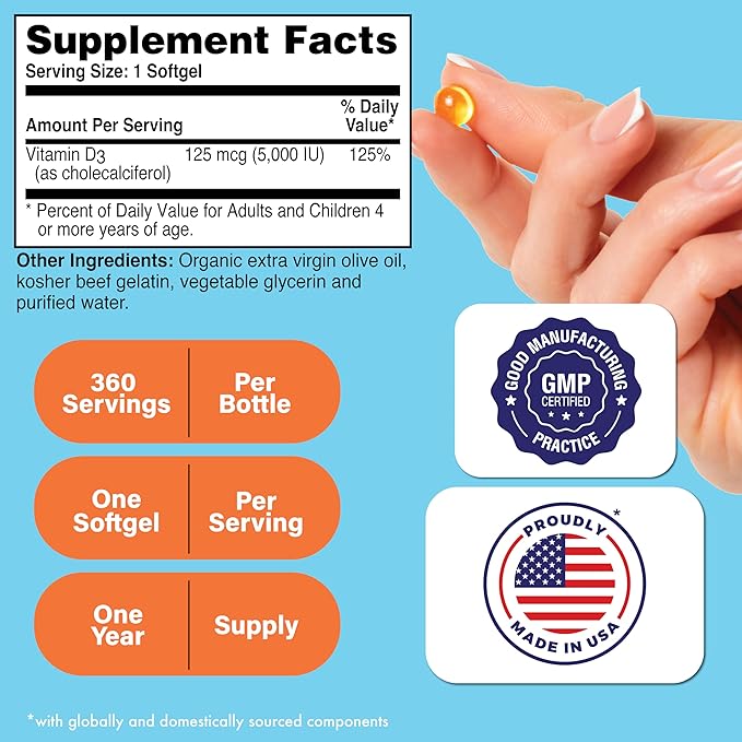 Health Thru Nutrition Vitamin D3 5000iu 360 Mini Softgels for Maximum Benefit Year Supply | 125mcg Cholecalciferol | 3rd Party Tested | Non-GMO USP Grade in Organic EVOO | Immune Health Support