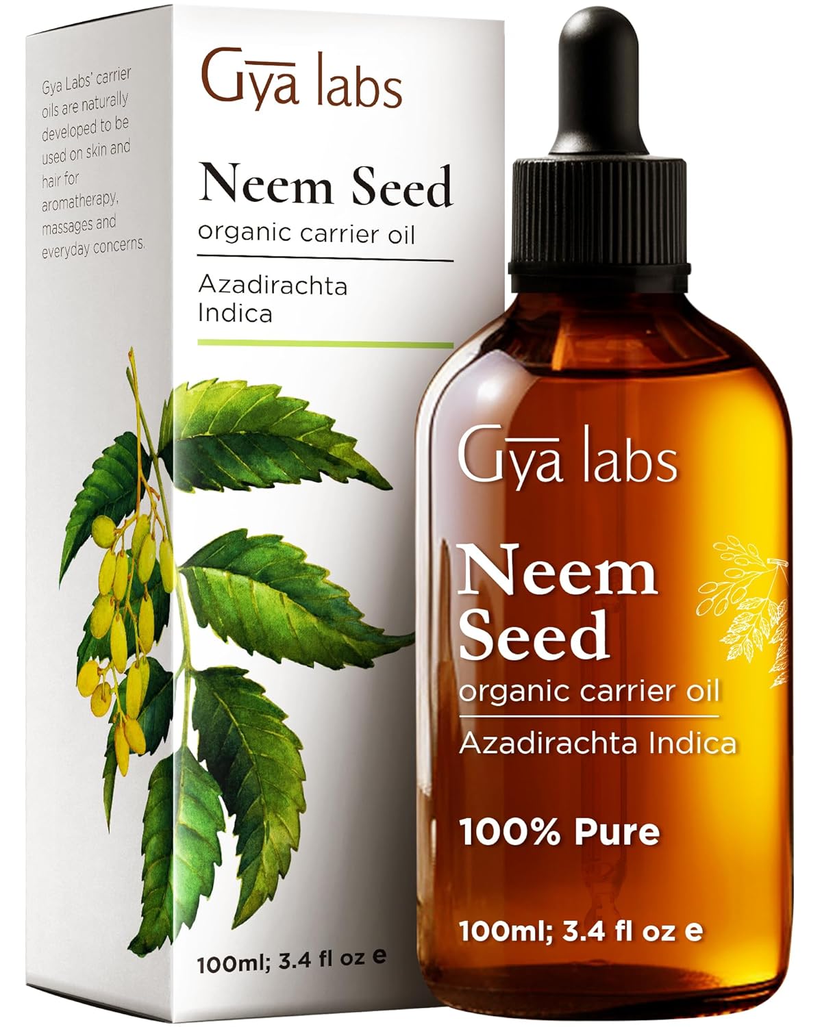 Gya Labs Organic Neem Oil for Skin - 100% Pure Natural Unrefined Neem Carrier Oil for Hair, Nails, Body Lotions, Spray & Shampoo - Soothing & Nourishing (3.4 Fl Oz)