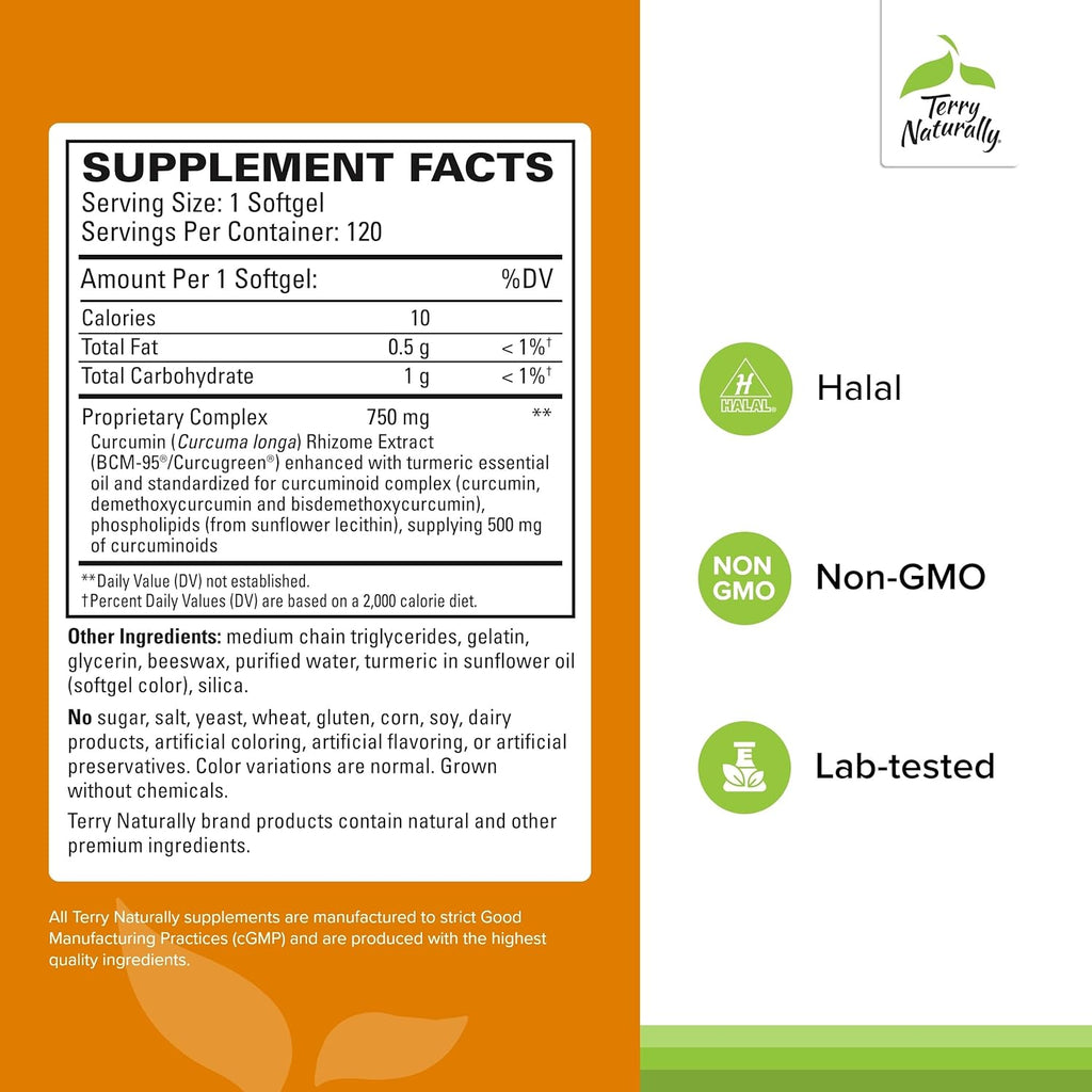 Terry Naturally CuraMed 750 mg - Antioxidant Supplement for Brain & Heart Health Support - Supplement with High-Potency Curcumin Complex - Kidney, Liver & Immune Health Support - 120 Softgels (1 Pack)