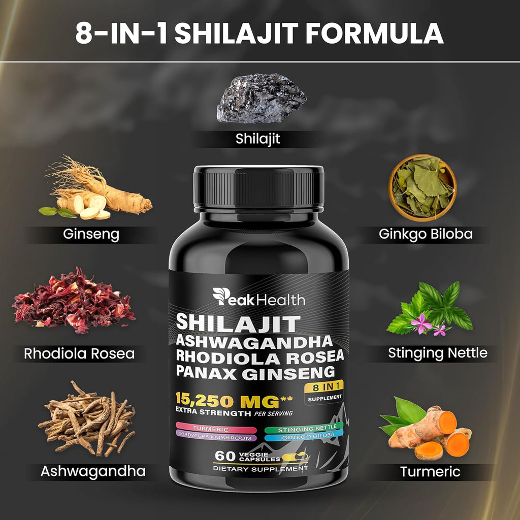 Shilajit Sea Moss Black Seed Oil Ashwagandha Capsules for Man Woman,2 Bottle Combo with Turmeric, Panax Ginseng, Rhodiola,19,445mg Herbal Formula,Energy & Immune Support, 60 Capsules,Easy to Swallow