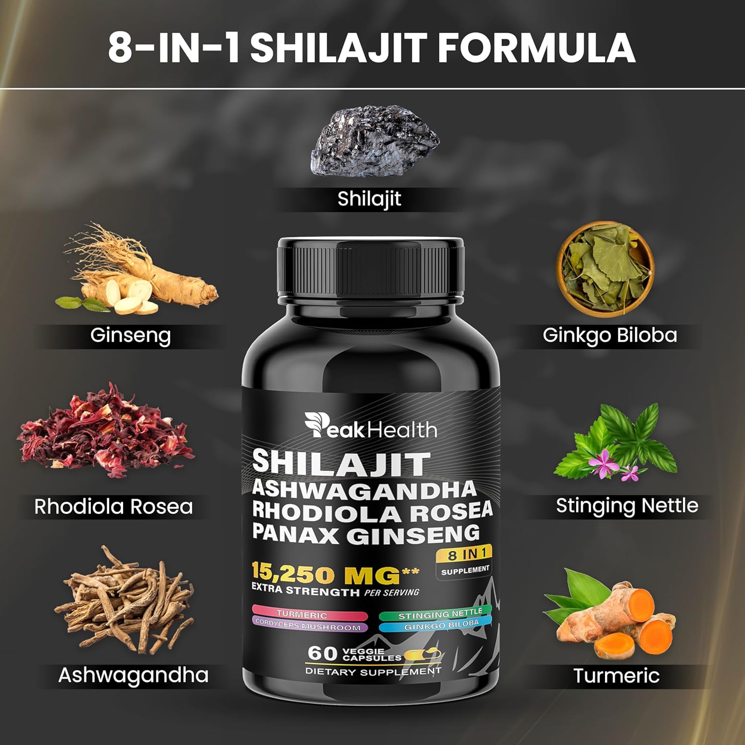 Shilajit Sea Moss Black Seed Oil Ashwagandha Capsules for Man Woman,2 Bottle Combo with Turmeric, Panax Ginseng, Rhodiola,19,445mg Herbal Formula,Energy & Immune Support, 60 Capsules,Easy to Swallow