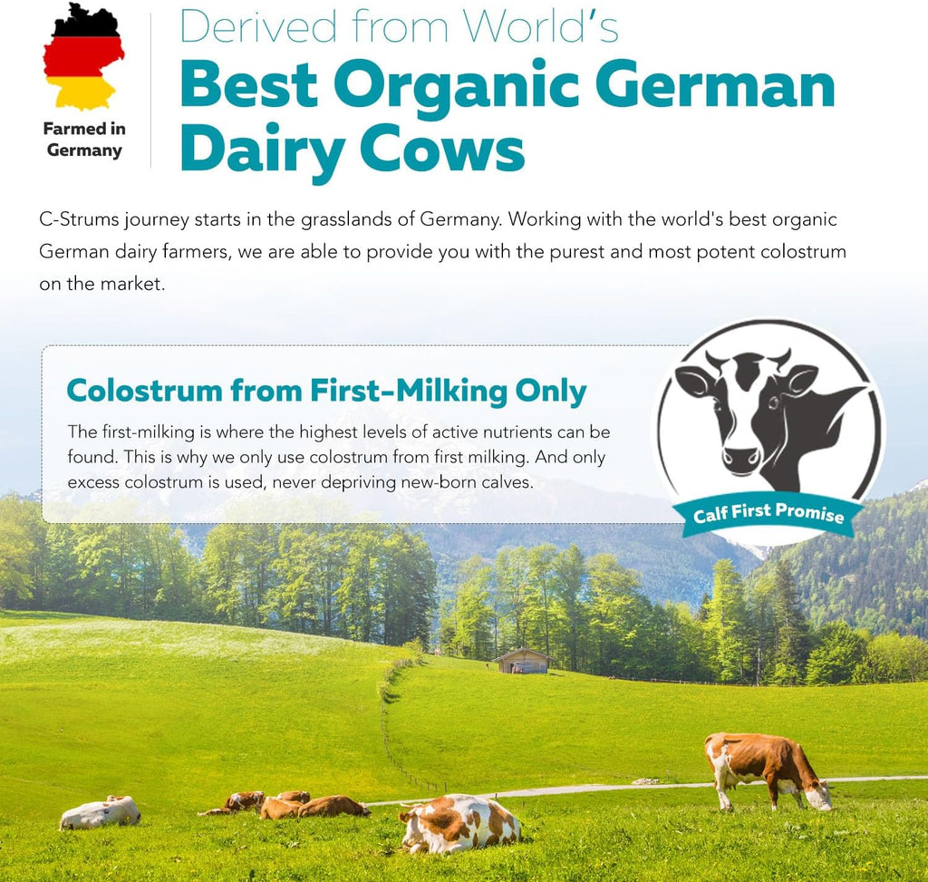 C-Strum® Organic Bovine Colostrum Powder, 60% igG, First Milking, Grass Fed, Max Strength Colostrum Supplement from German Dairy Cows - Gut, Immunity, Skin & Hair Support (60 servings)