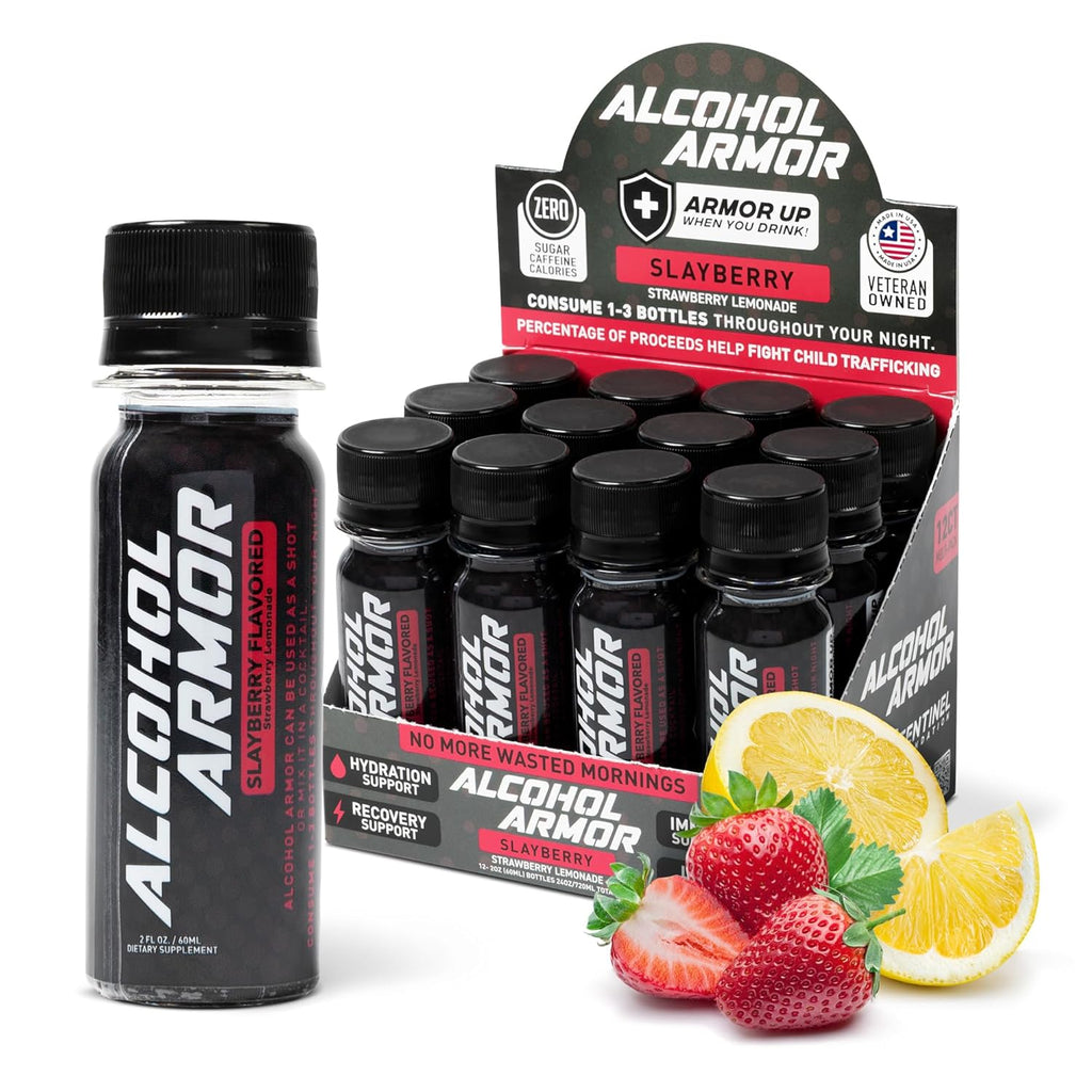 Alcohol Armor Recovery Shot 12-Pack – 2 oz Supplement with Natural DHM, Milk Thistle, Activated Charcoal, Electrolytes & B12 – Dye-Free, Caffeine-Free & Sugar-Free Hydration & Party Support Drink