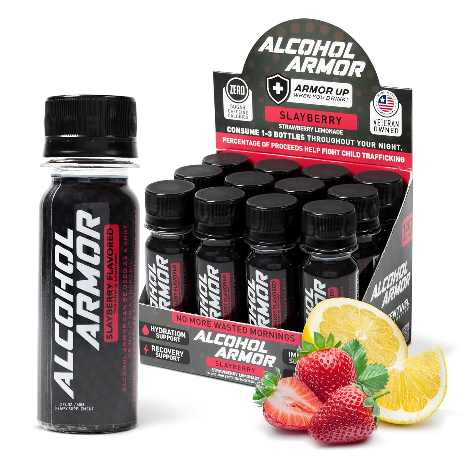 Alcohol Armor Recovery Shot 12-Pack – 2 oz Supplement with Natural DHM, Milk Thistle, Activated Charcoal, Electrolytes & B12 – Dye-Free, Caffeine-Free & Sugar-Free Hydration & Party Support Drink