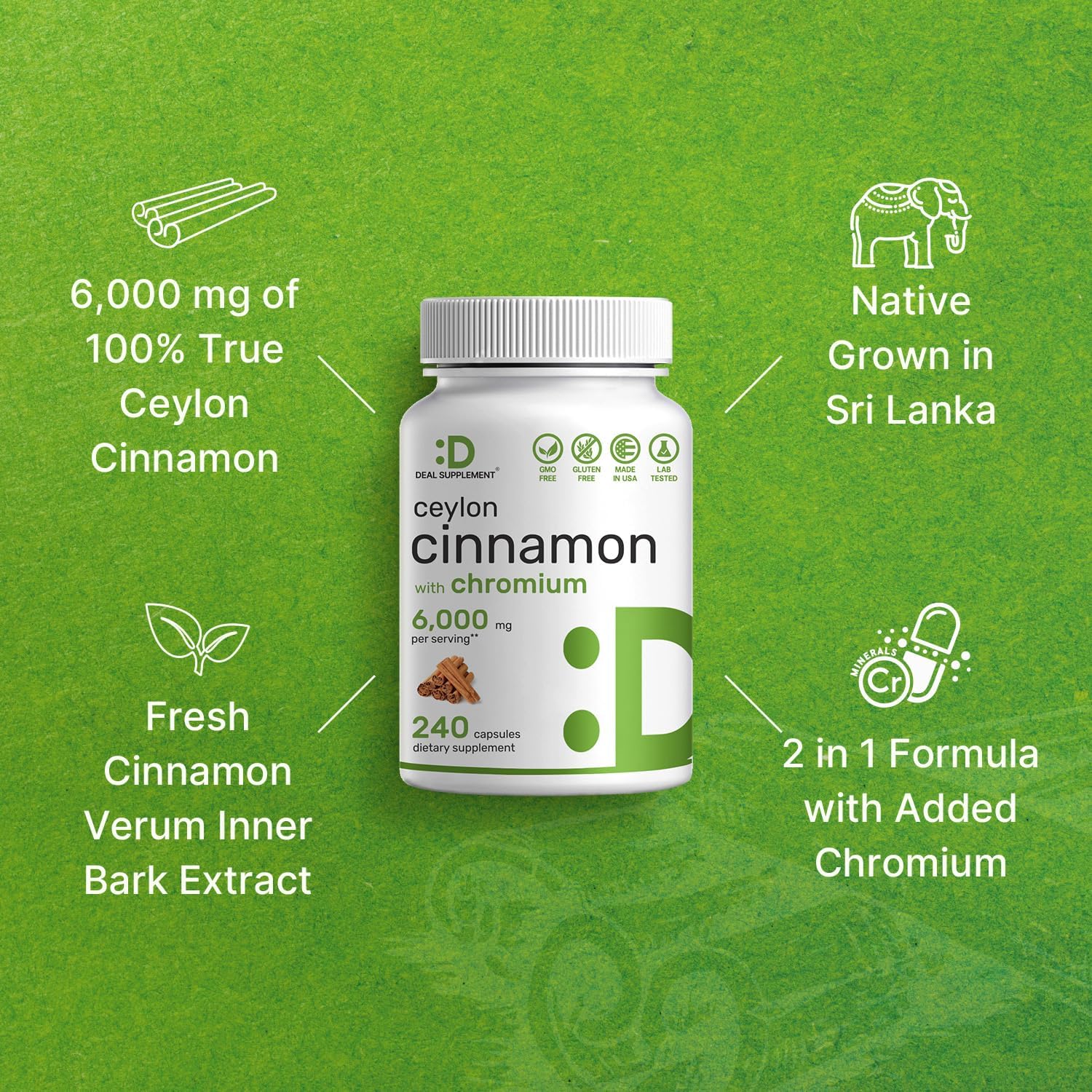 Ceylon Cinnamon 6,000mg with Chromium 1,000mcg Per Serving, 240 Capsules –Active Inner Bark Extract – True Sri Lanka Source – Natural Cinnamon Supplements– Non-GMO