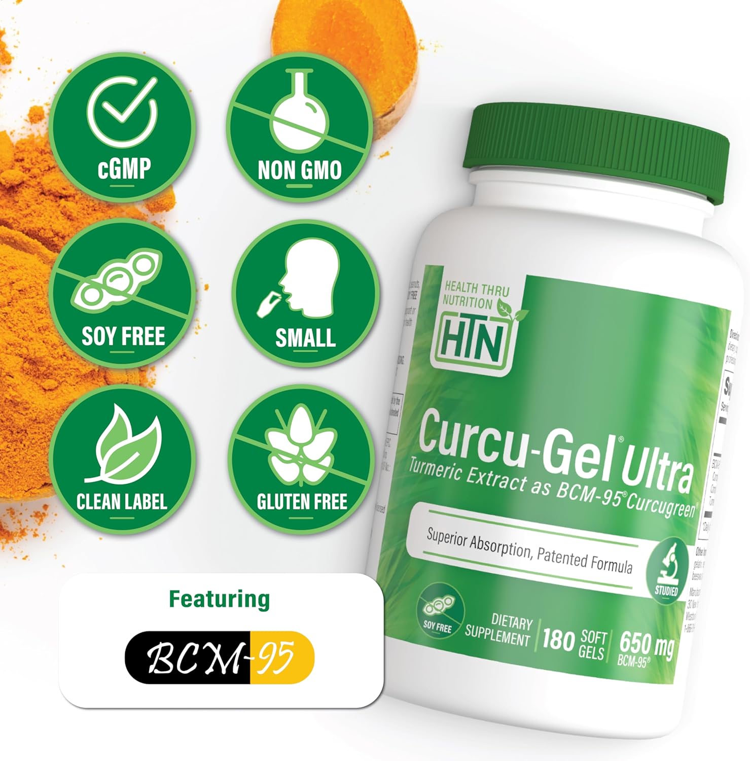 Health Thru Nutrition Curcu-Gel 650mg BCM-95® CurcuGreen Turmeric Curcumin | High Absorption | Healthy Inflammation Response | Clinically Studied | 3rd Party Tested | Non-GMO (Pack of 180)