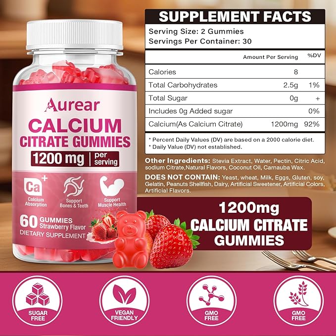 Calcium Citrate Gummies - Strawberry Flavor, 1200mg High Potency, Supports Bone, Muscle & Overall Wellness for Men, Women & Seniors, 60 Count Chewable Calcium Supplement (Pack of 2)