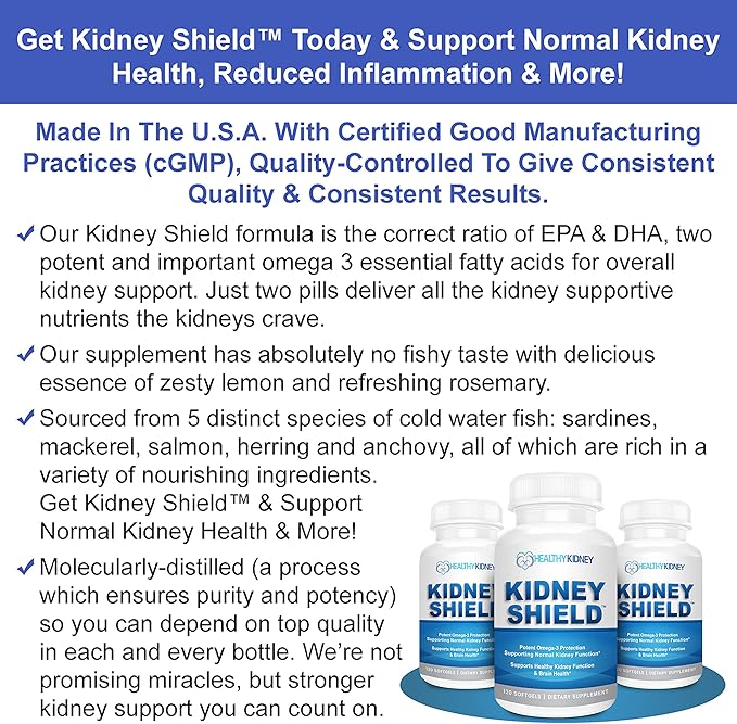 Kidney Shield Omega 3 Fish Oil Supplements - DHA EPA Omega 3 Supplement for Women & Men Kidney Health - Omega3 to Support Normal Kidneys Function & Cleanse, Detox & Repair - 120 Lemon Softgels