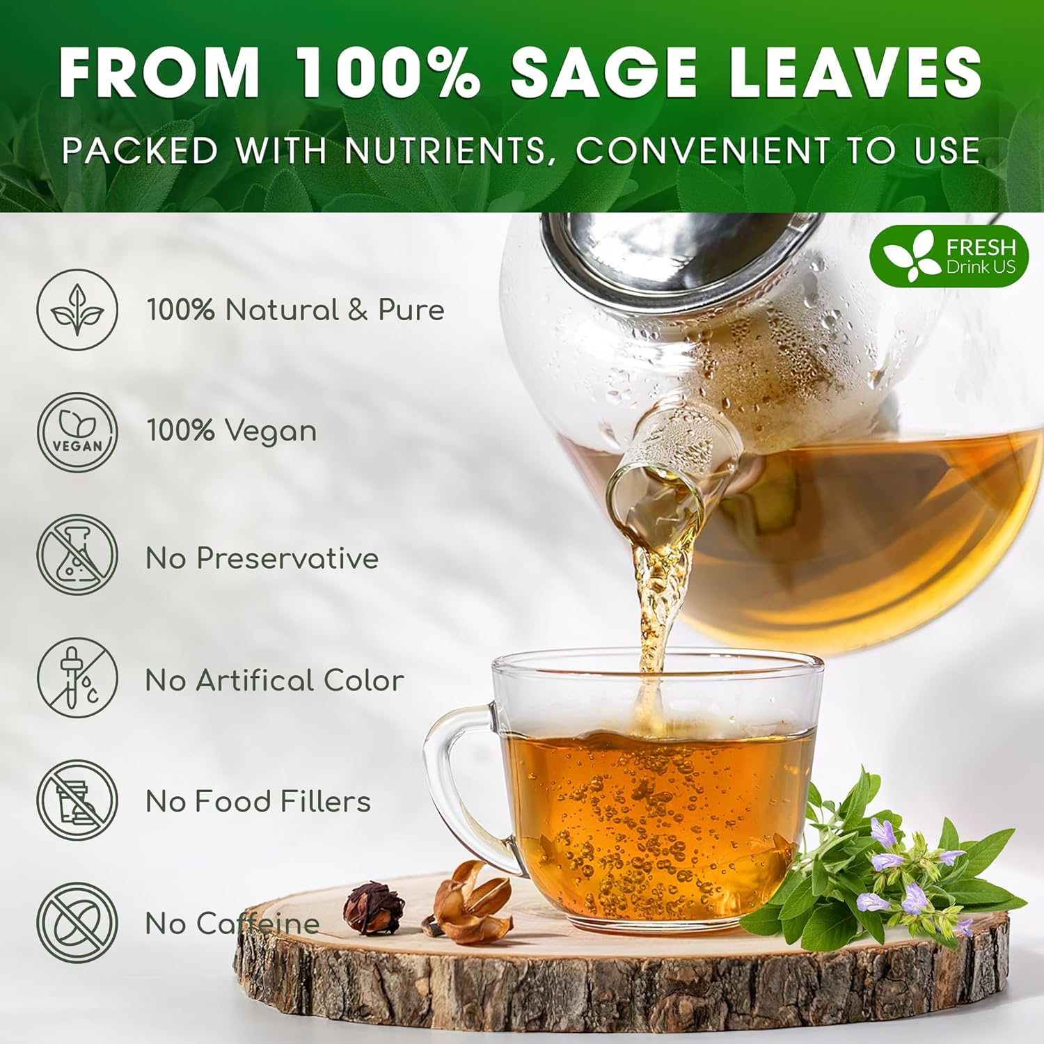 FreshDrinkUS Premium Sage Leaf Tea Bags, 100% Natural & Pure. Loose Leaf Herbal Tea. Made with Natural Material Tea Bags. No Sugar, No Caffeine, No Gluten, Vegan