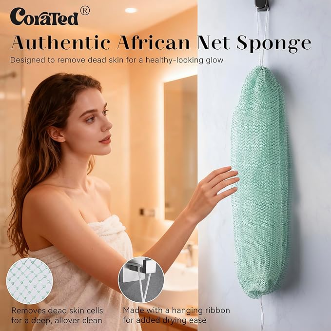 CORATED African Net Sponge with Knots Authentic, Shower Loofah Exfoliating Bath Sponge, Body Scrubber for Women Daily Use Body Care, Travel Portable Bath Accessories for Bathroom