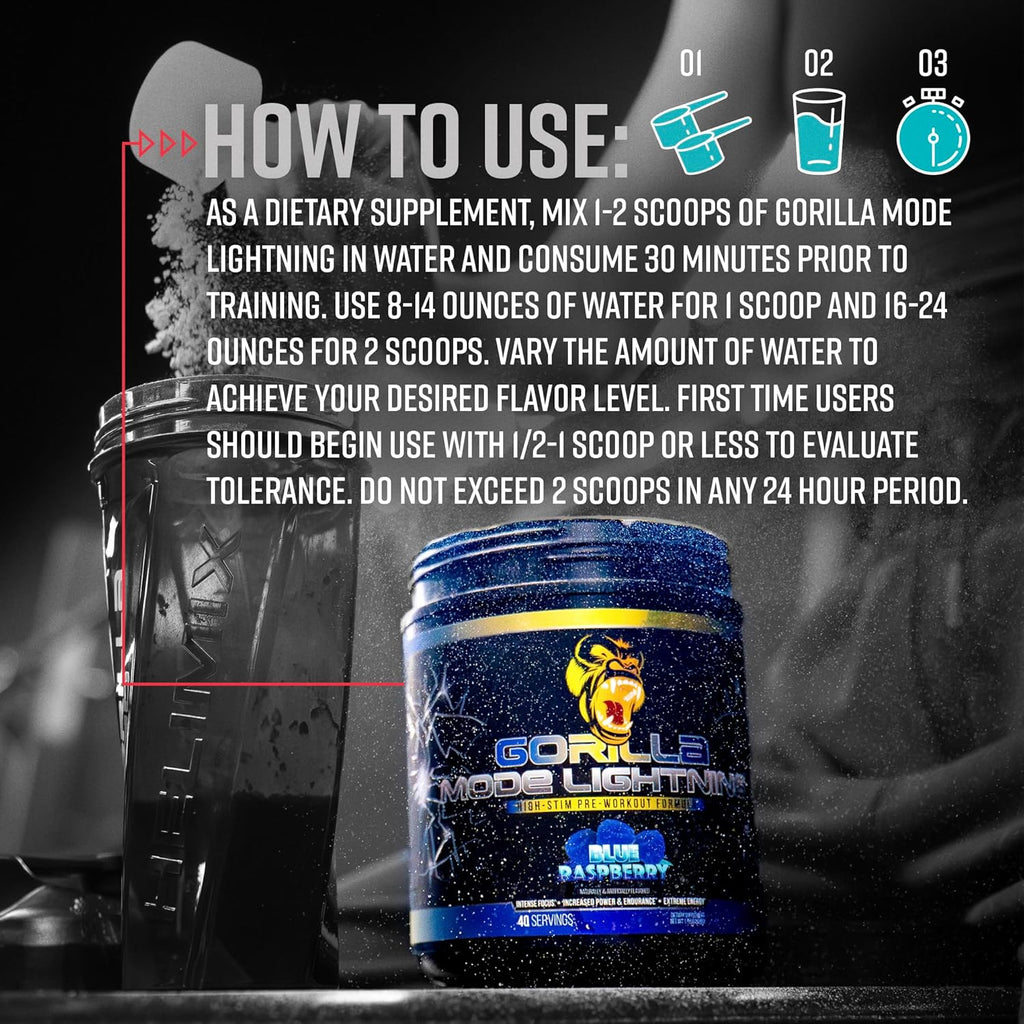 Gorilla Mode Lightning Pre-Workout - Extreme Energy · Laser Focus · Powerful Pumps · Peak Performance - 550mg Caffeine, 13500mg L-Tyrosine, Alpha-GPC– 772g (Mouthwatering Watermelon)