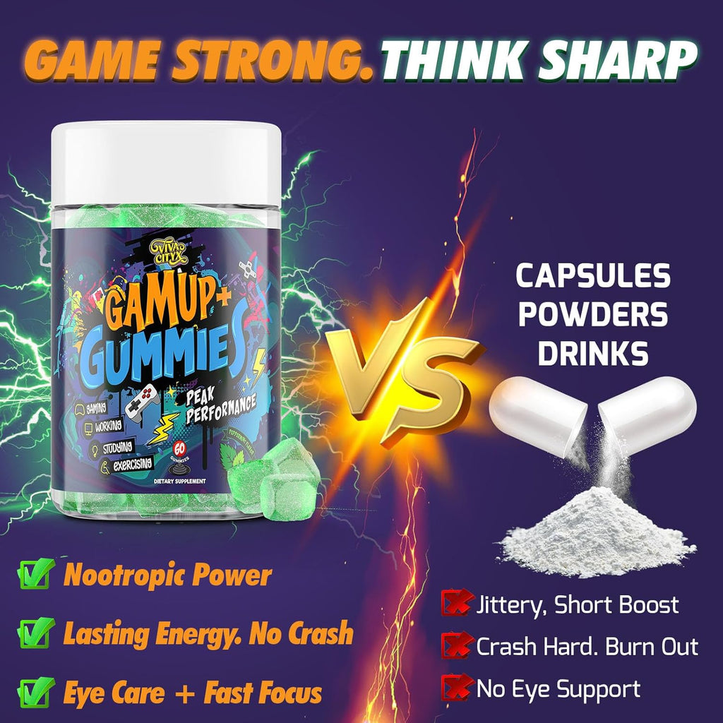 Energy and Focus Gummies - Natural Caffeine Nootropics Supplement - Brain, Eye, and Bone Complex - Sugar-Free Peppermint - for Gamers, Workers, and Active Lifestyles - 120 Gummies