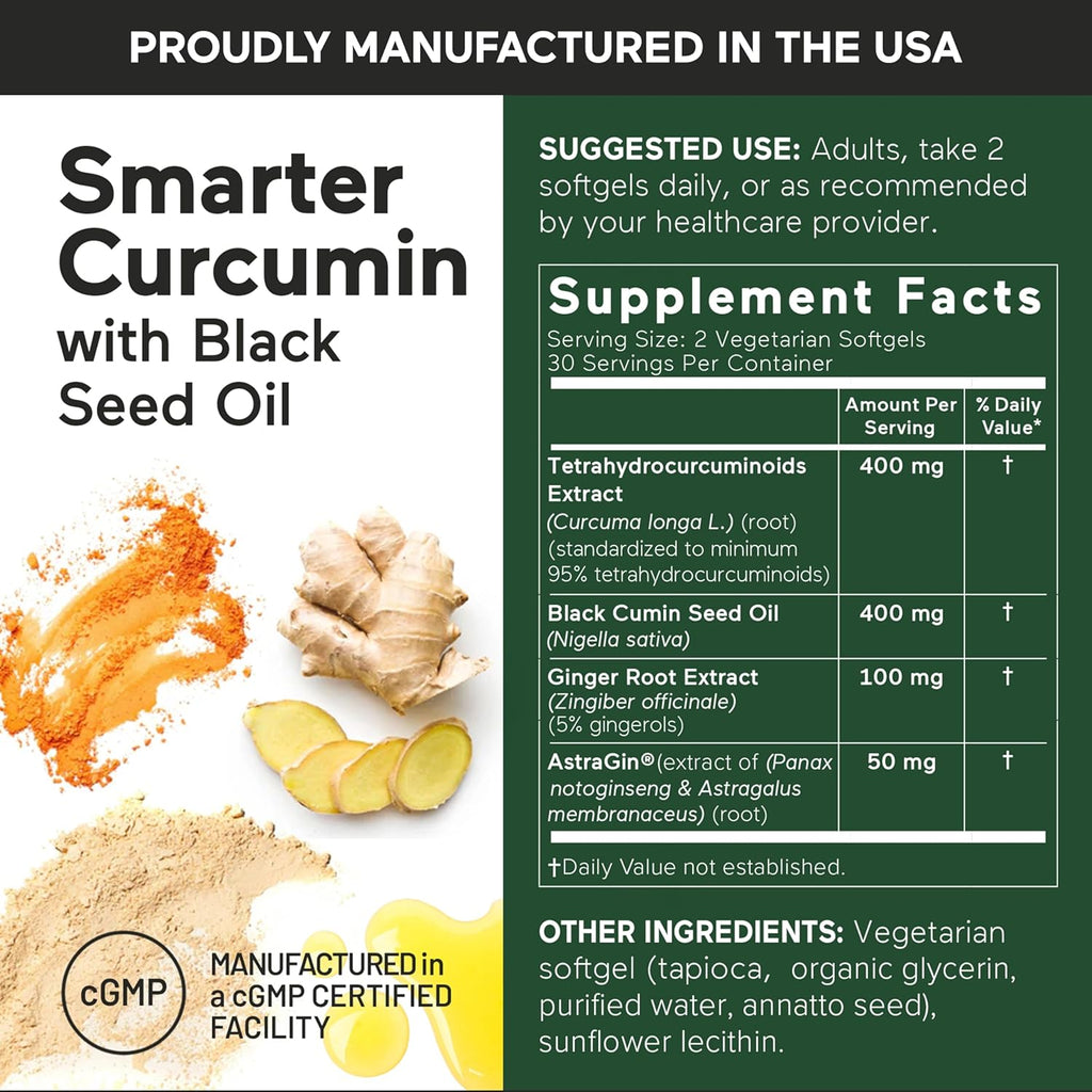 Smarter Nutrition Curcumin Softgels - Vegan High Absorption 400 mg Curcumin Supplement Standardized to 95% Tetrahydrocurcuminoids + Black Seed Oil & Ginger for Joint & Immune Health - 180 Ct