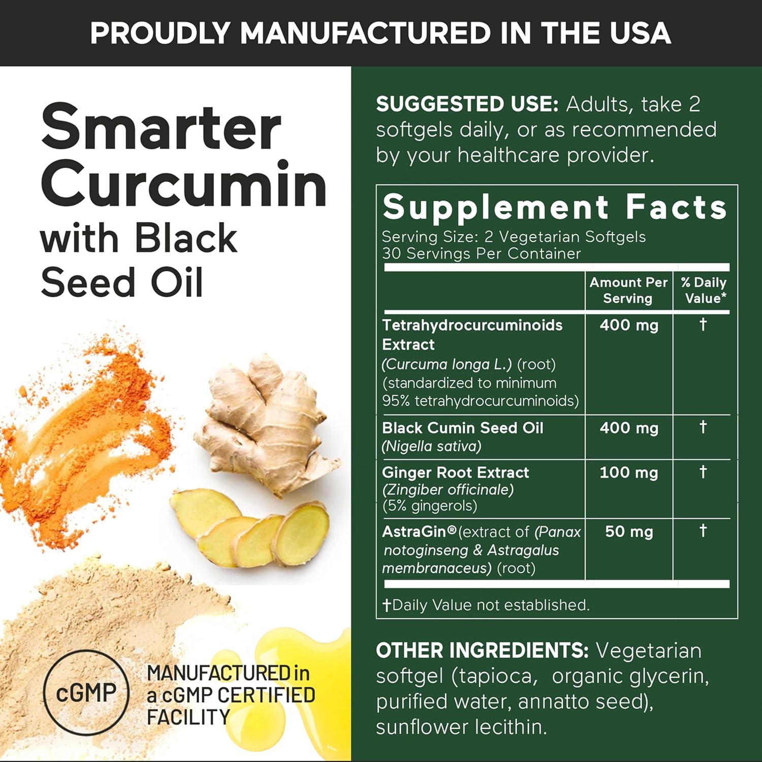 Smarter Nutrition Curcumin Softgels - Vegan High Absorption 400 mg Curcumin Supplement Standardized to 95% Tetrahydrocurcuminoids + Black Seed Oil & Ginger for Joint & Immune Health - 360 Ct