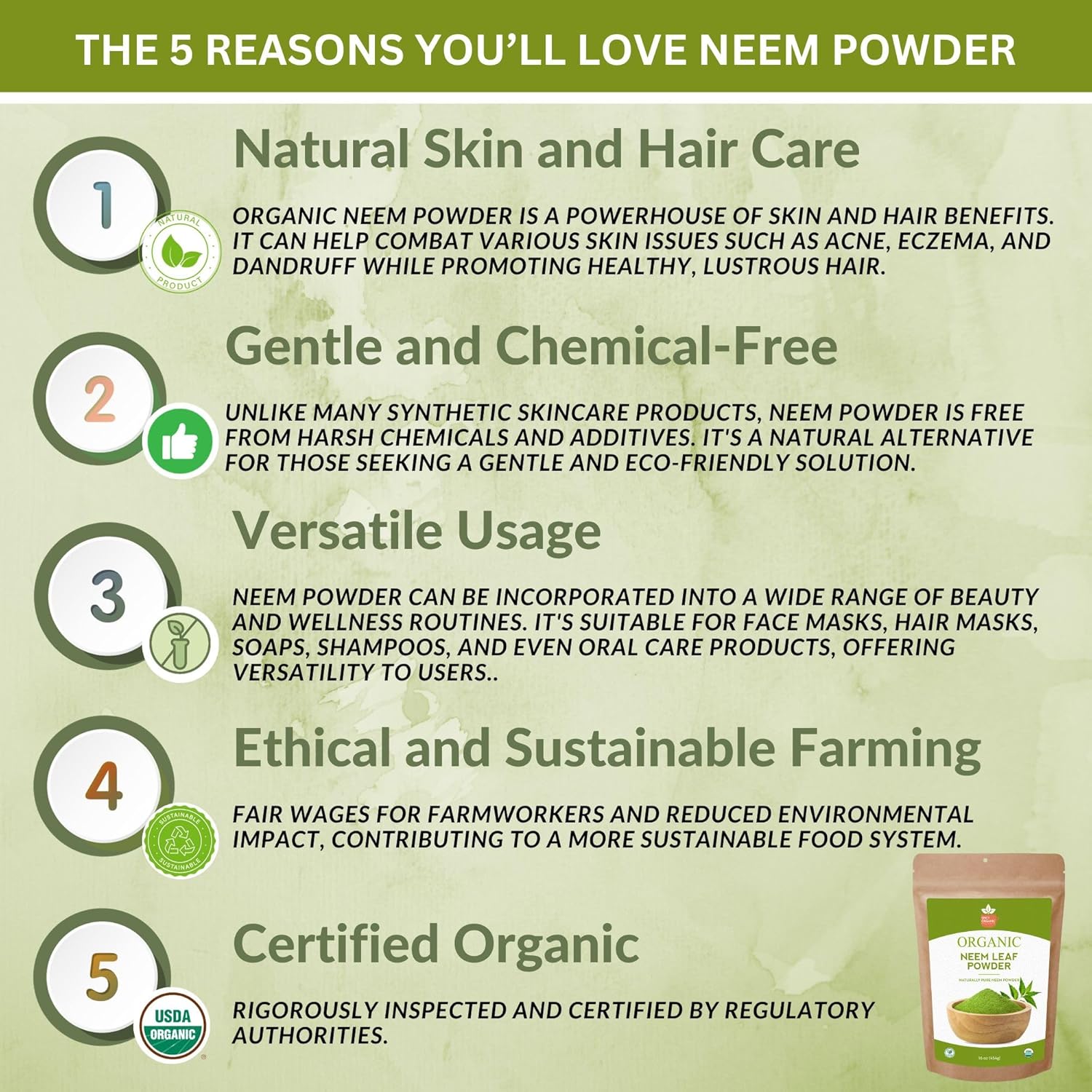 Neem Powder – 16 oz. - Certified USDA Organic -Non-GMO - Fresh Dried Neem Leaves Powder for Healthy Hair and Skin - Azadirachta Indica Ayurvedic Herb for Overall Wellbeing