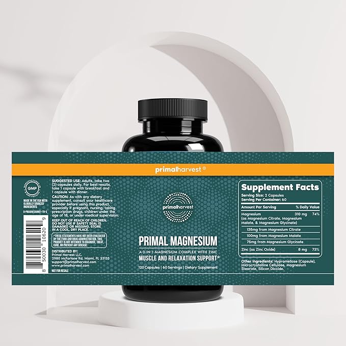 Magnesium Supplement Complex 310mg by Primal Harvest with Magnesium Glycinate, Citrate, Malate, and Zinc 120 Capsules