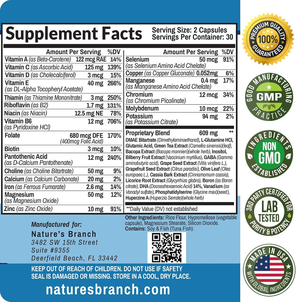 40-in-1 Brain Booster Supplement for Focus, Memory, Clarity, Energy | Advanced Vitamins Plus eBook | for Men & Women, Cognitive Function Nootropic Support with DMAE, Mind Health Formula | 60 Capsules