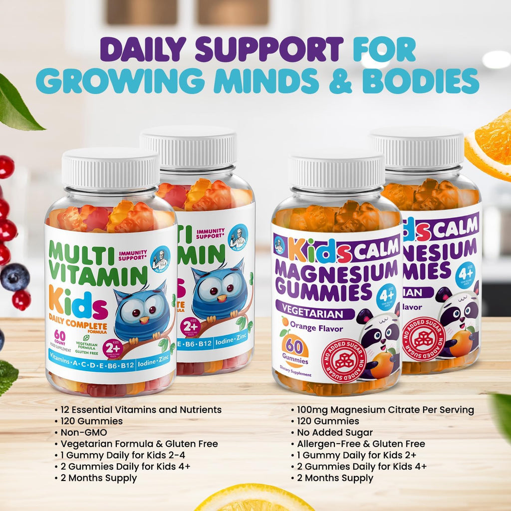 DR. MORITZ Kids Magnesium Gummies Orange Flavor (120 Count) and Kids Multivitamin Gummies (120 Count) - Relaxation & Health Support - Non-GMO, Vegetarian Toddler Vitamins