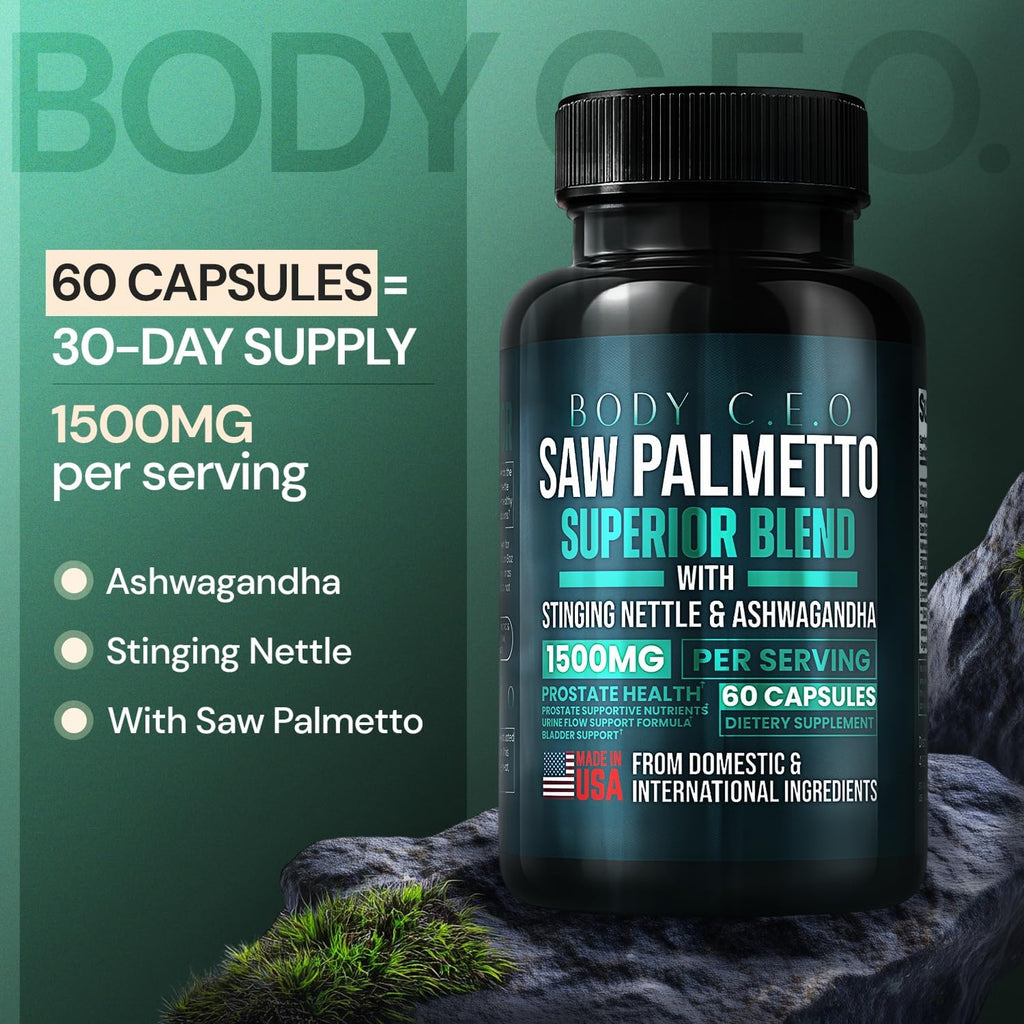 Prostate Superior Saw Palmetto for Men, Stinging Nettle, Ashwagandha, Lycopene, Bladder & Urinary Relief, Prostate Supplement, 60 Capsules 30-Day Supply