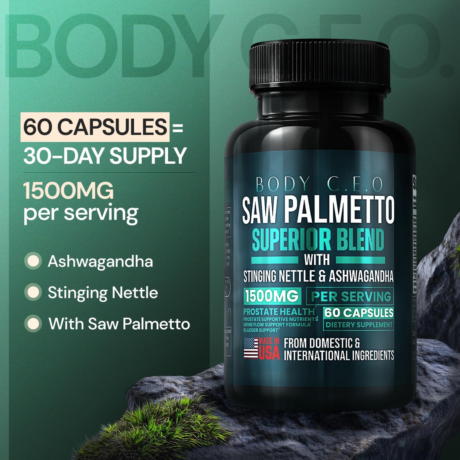 Prostate Superior Saw Palmetto for Men, Stinging Nettle, Ashwagandha, Lycopene, Bladder & Urinary Relief, Prostate Supplement, 60 Capsules 30-Day Supply