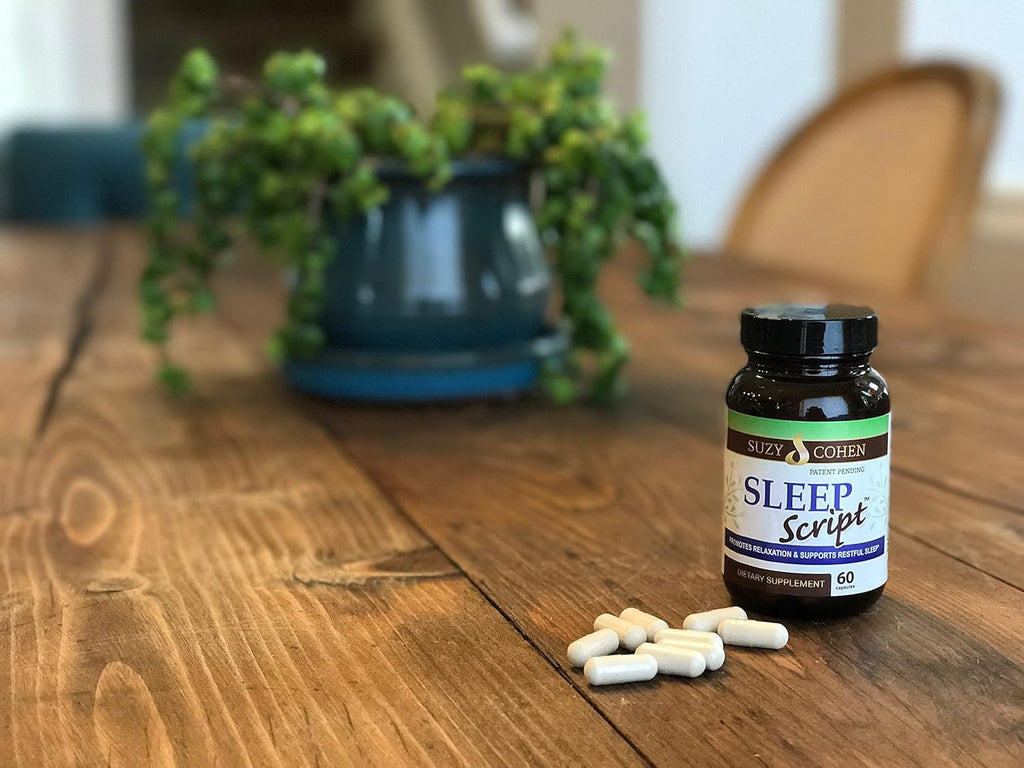 Suzy Cohen Sleep Script with Melatonin - Botanical Sleep and Relaxation Formula for Adults for Mood, Stress and Sleep, Contains 5-HTP, L-theanine, Passionflower, Lemon Balm and GABA 60 Capsules.