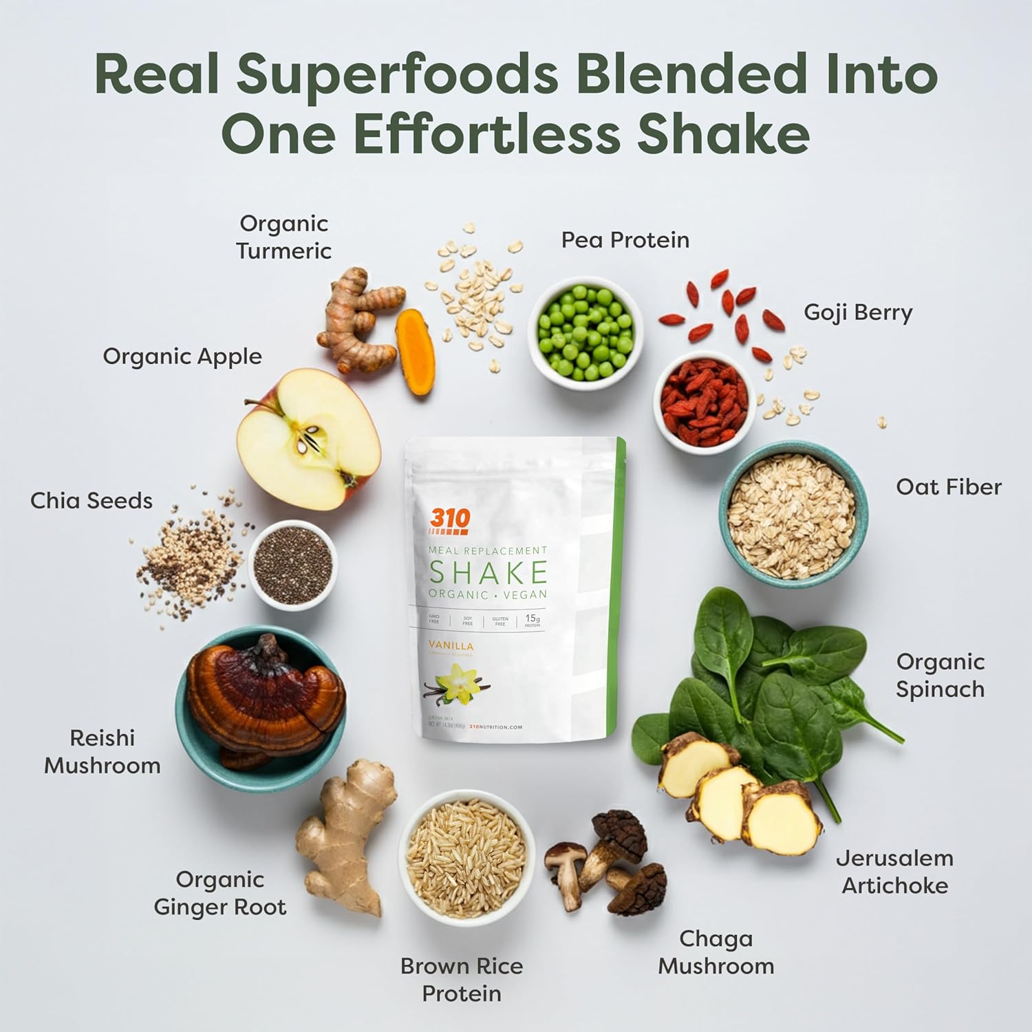 310 Nutrition Organic All-In-One Meal Replacement Shake Powder - Plant-Based Protein Smoothie Blend w/Fiber, Probiotics & Adaptogens - Low Carb, Vegan, Keto & Paleo - Vanilla - 14 Servings