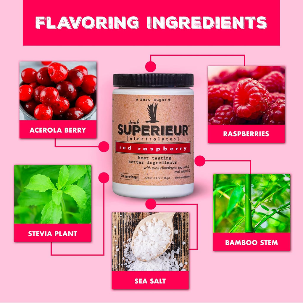 Superieur Electrolyte Powder Packets - Vegan Electrolyte Hydration Powder w/Sea Minerals - Keto Friendly, Non-GMO, Zero Sugar Electrolyte Supplement - Healthy Sports Drink - Raspberry (14 Packets)