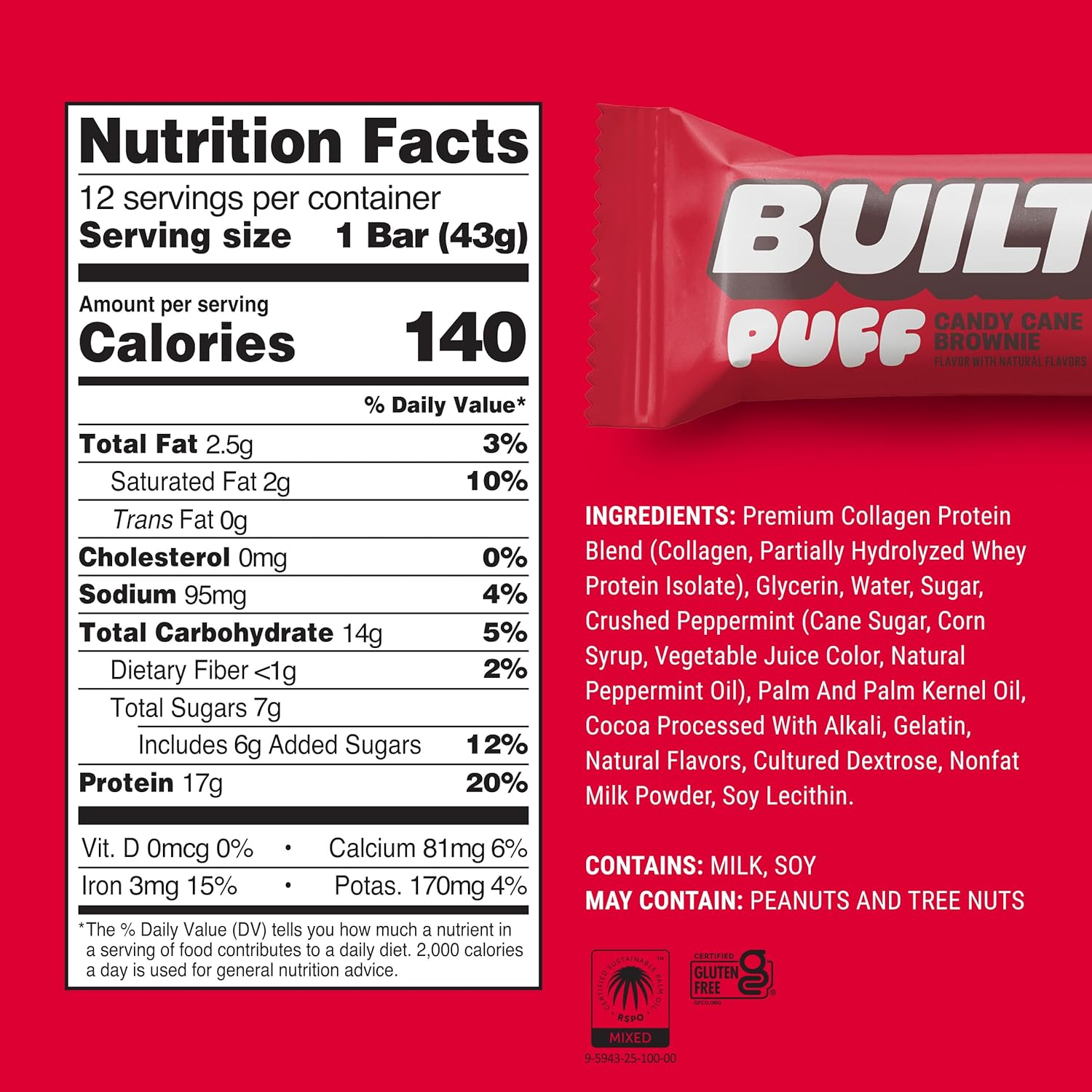 Built Bar, Puff Protein Bars, Candy Cane Brownie, 17g Protein Snacks, On-The-Go Bars, Only 140 Calories, 7g Sugar, Collagen, Gluten Free, 12 Count