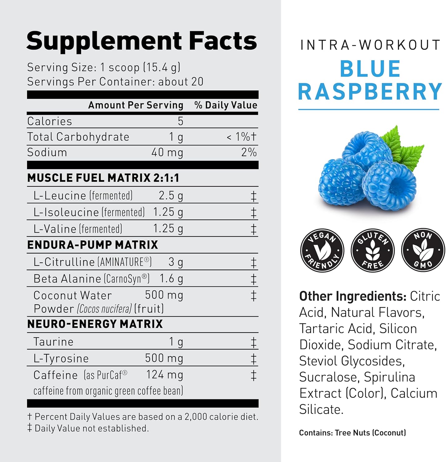 Kaged Intra-Workout Powder In-Kaged BCAAs, L-Citrulline & Beta-Alanine for Endurance 124mg Organic PurCaf Caffeine Coconut Water Powder 20 Servings Blue Raspberry
