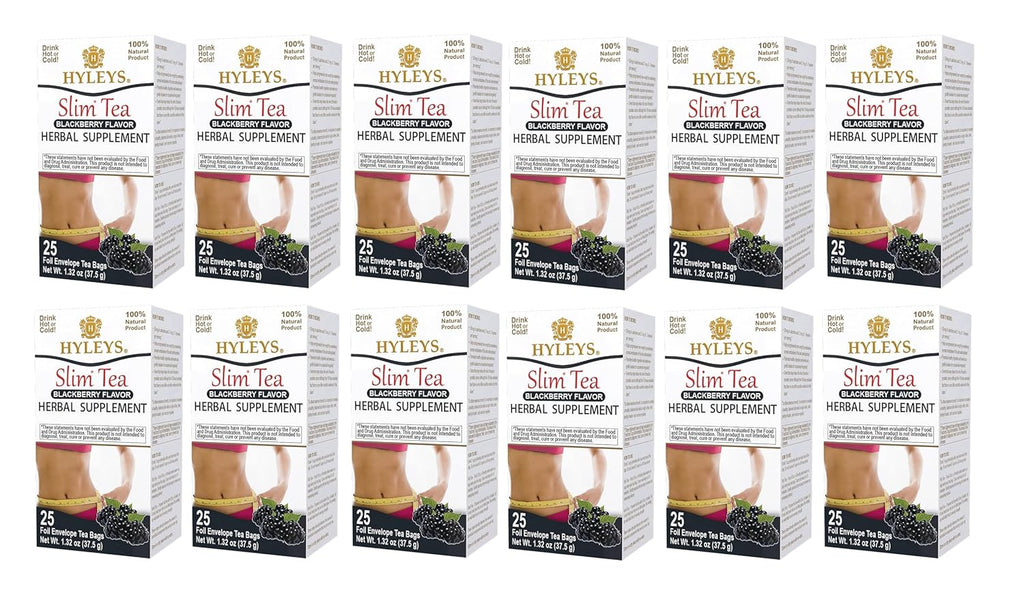 Hyleys Slim Tea Blackberry Flavor - Weight Loss Herbal Supplement Cleanse and Detox - 25 Tea Bags (12 Pack)