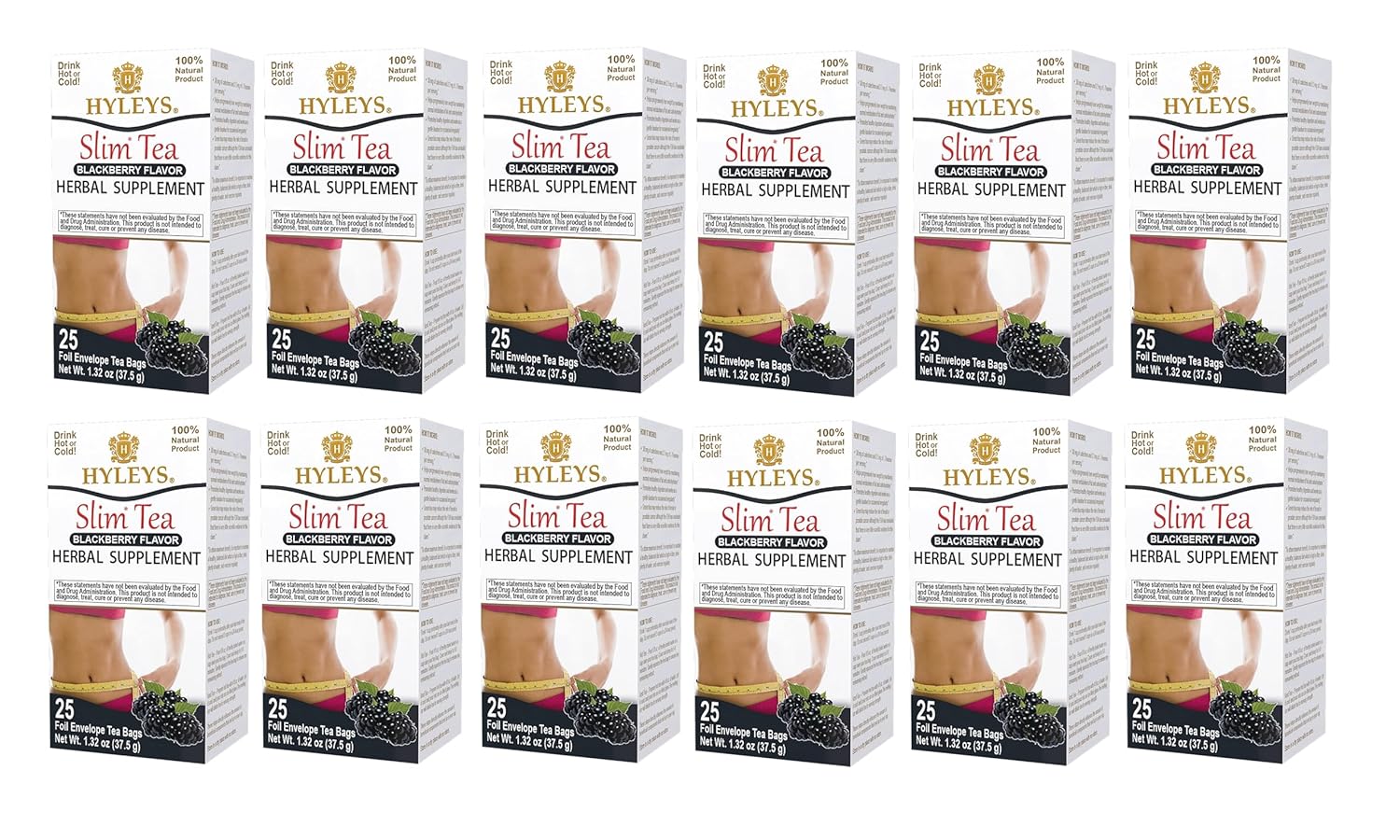 Hyleys Slim Tea Blackberry Flavor - Weight Loss Herbal Supplement Cleanse and Detox - 25 Tea Bags (12 Pack)