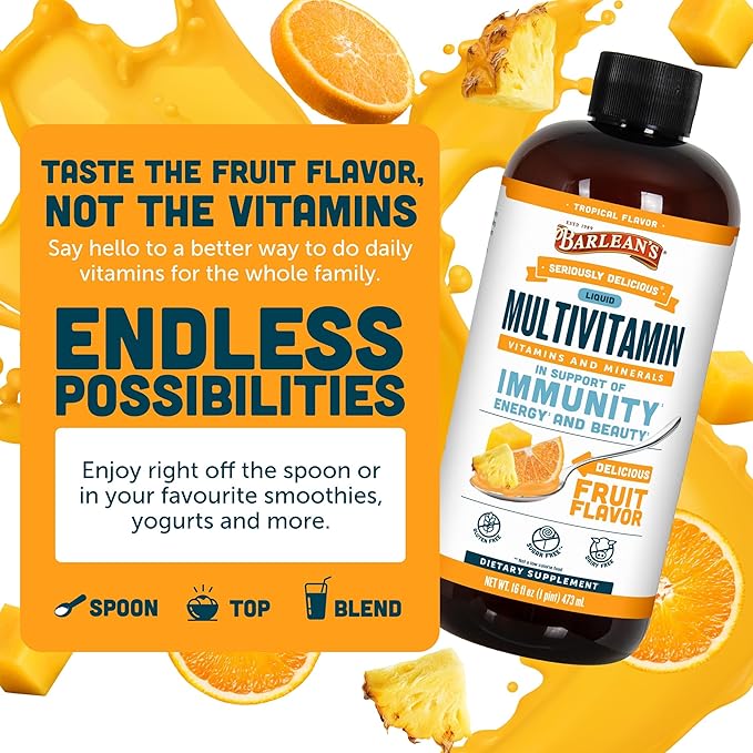 Barlean's Liquid Multivitamin for Women, Men & Kids, 21 Essential Vitamins & Minerals, Includes Biotin, B-Complex, Vitamins C, D3 & K2, Smoothie-Like Daily Supplement, Tropical Flavor, 16 fl oz