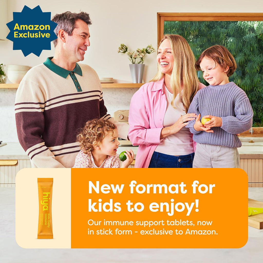 Hiya Kids Immune Support – Vitamin C, Elderberry & Beta Glucans for Ages 2+, Delicious Orange Flavor, 0g Sugar – 20 Stick Packs for Toddlers & Kids
