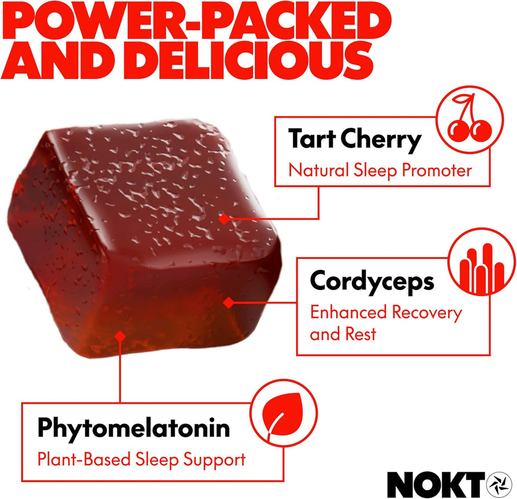 NOKT Sleep Gummies - Tart Cherry & Vegan Melatonin, Sugar-Free, Gluten-Free, Nutritional Supplement, 30 Gummies, Tart Cherry Flavor, Gummy Form, Deep Restorative Sleep Support