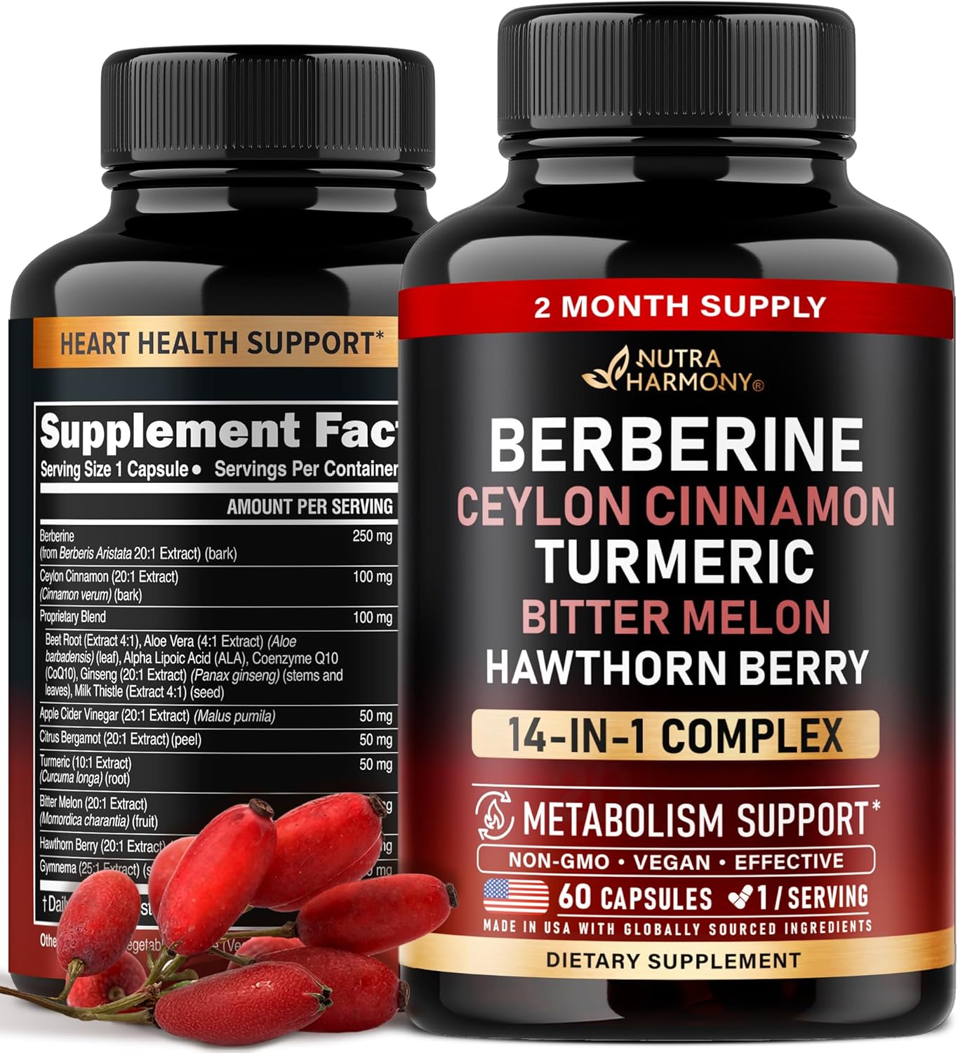Berberine with Ceylon Cinnamon | Gymnema Extract | Apple Cider Vinegar | Hawthorn Berry | Citrus Bergamot | Bitter Melon - 14-in-1 Supplement for Heart Support, Metabolism & Energy - Vegan 60 Capsules