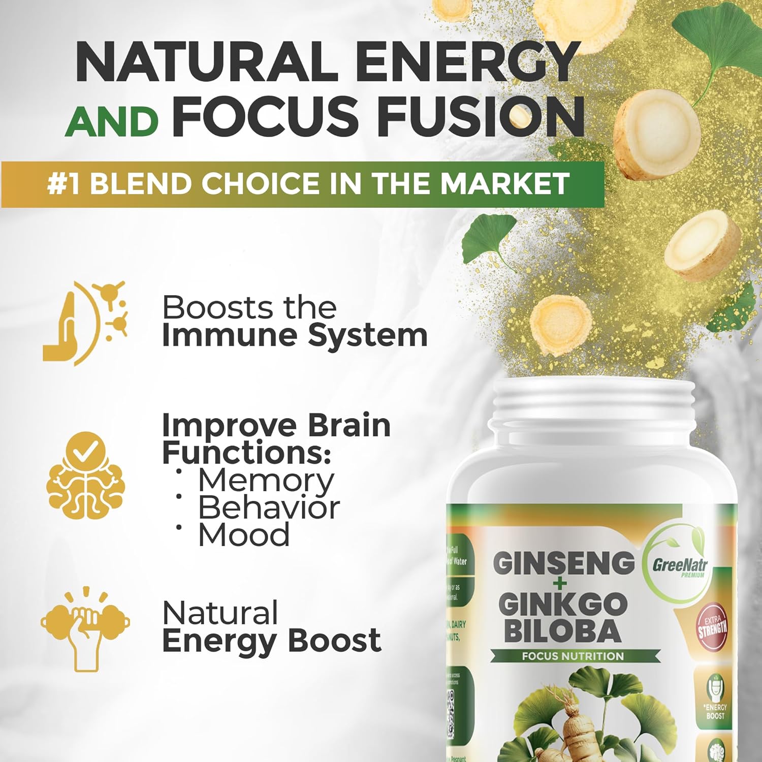 Ginko Biloba & Panax Ginseng Supplement - Red Ginseng Brain Supplement for Memory and Focus - Ginkgo Biloba Supplements for Good Vision, Immune System and Improved Blood Flow - 120 Tablets