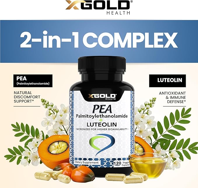 Palmitoylethanolamide 630 mg + Luteolin Standardized 98%- Micronized Pea 99% Highly Purified and Bioavailable - Made in USA - Supplement for Men and Women - 120 Veggie Capsules