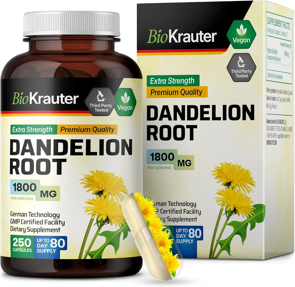 BIO KRAUTER® Dandelion Root Extract - Vegan & Pure Dandelion Root Capsules 1800 mg per Serving 250 Caps - Used for Liver & Kidney Support, Cleanse & Detox - No Fillers, Non-GMO - 83 Days of Supply