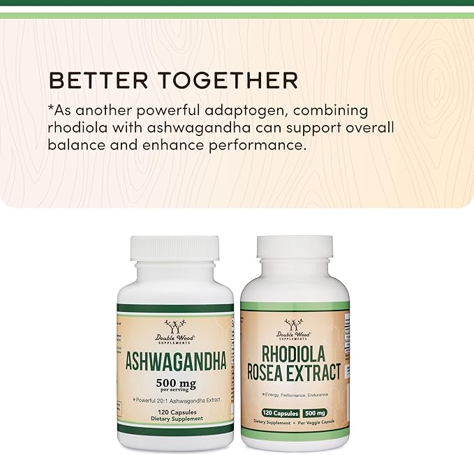 Ashwagandha Capsules, 120 Count (500mg Extract 20:1 Potency) Adaptogen Stress Relief by Double Wood