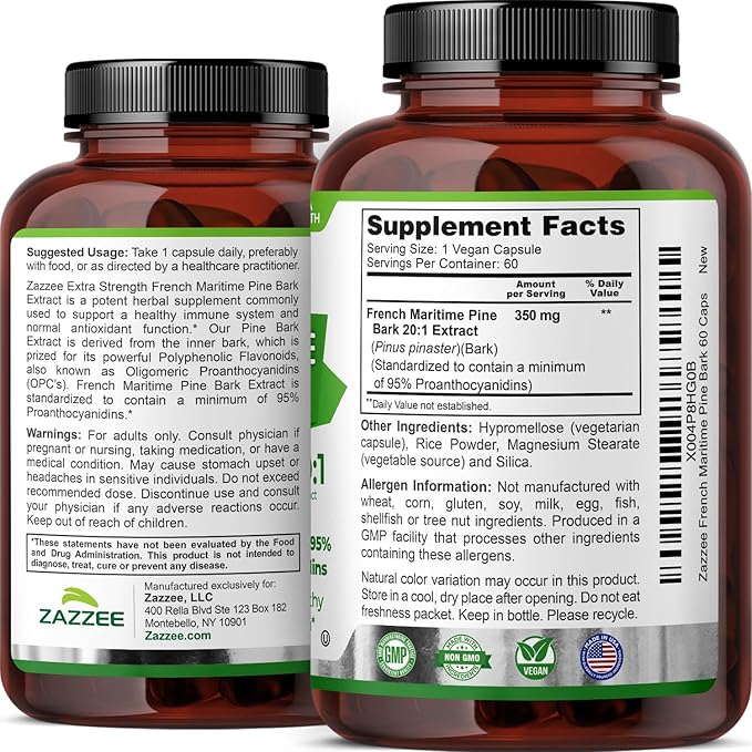 Zazzee Extra Strength French Maritime Pine Bark 20:1 Extract, 350 mg Per Capsule, 60 Vegan Capsules, 95% Proanthocyanidins, Kosher, 2 Month Supply, Standardized 20X Extract, Non-GMO, Made in The USA