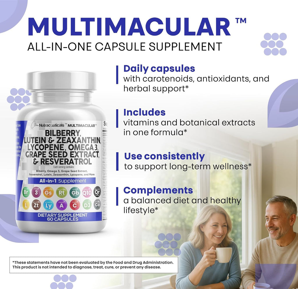 Clean Nutra Eye Vitamins with Bilberry Lutein and Zeaxanthin Supplements Lycopene 40mg Resveratrol Grape Seed Astaxanthin for Eyes - Eye Care Health Support Eye Vitamin and Mineral Supplement