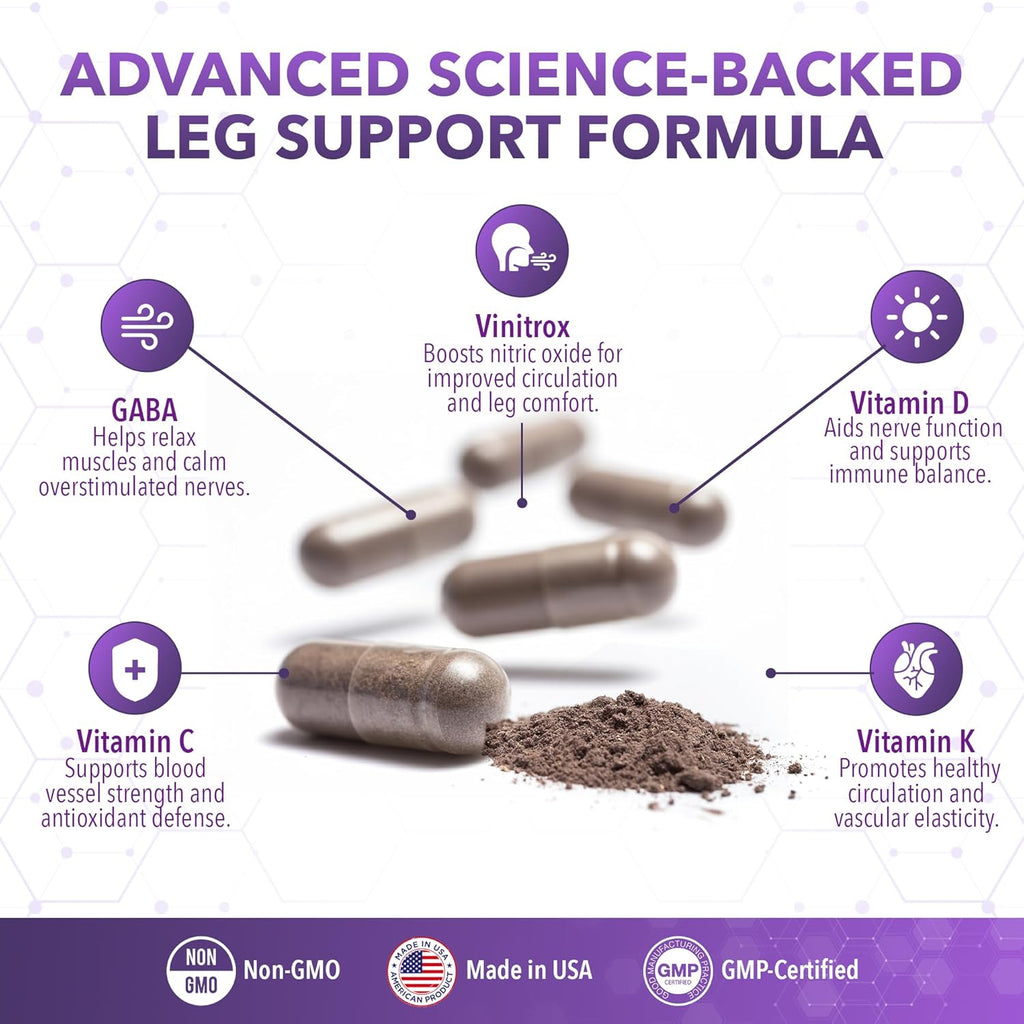 Real Science LegEase Miracle – All Natural Restless Legs Syndrome Relief & Leg Cramp Supplement with Vitamins C, D, K, B6, B12 + Nitric Oxide Support – Sleep & Circulation Aid – Made in USA, 60 Caps