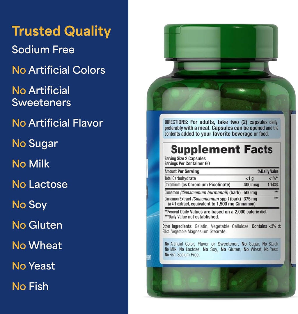 Puritan's Pride Cinnamon 875 mg (2000 mg Equivalent) with High Potency Chromium, Supports Sugar, Fat, and Healthy Nutrient Metabolism, Cellular Energy, 2 Month Supply, 120 Rapid Release Capsules